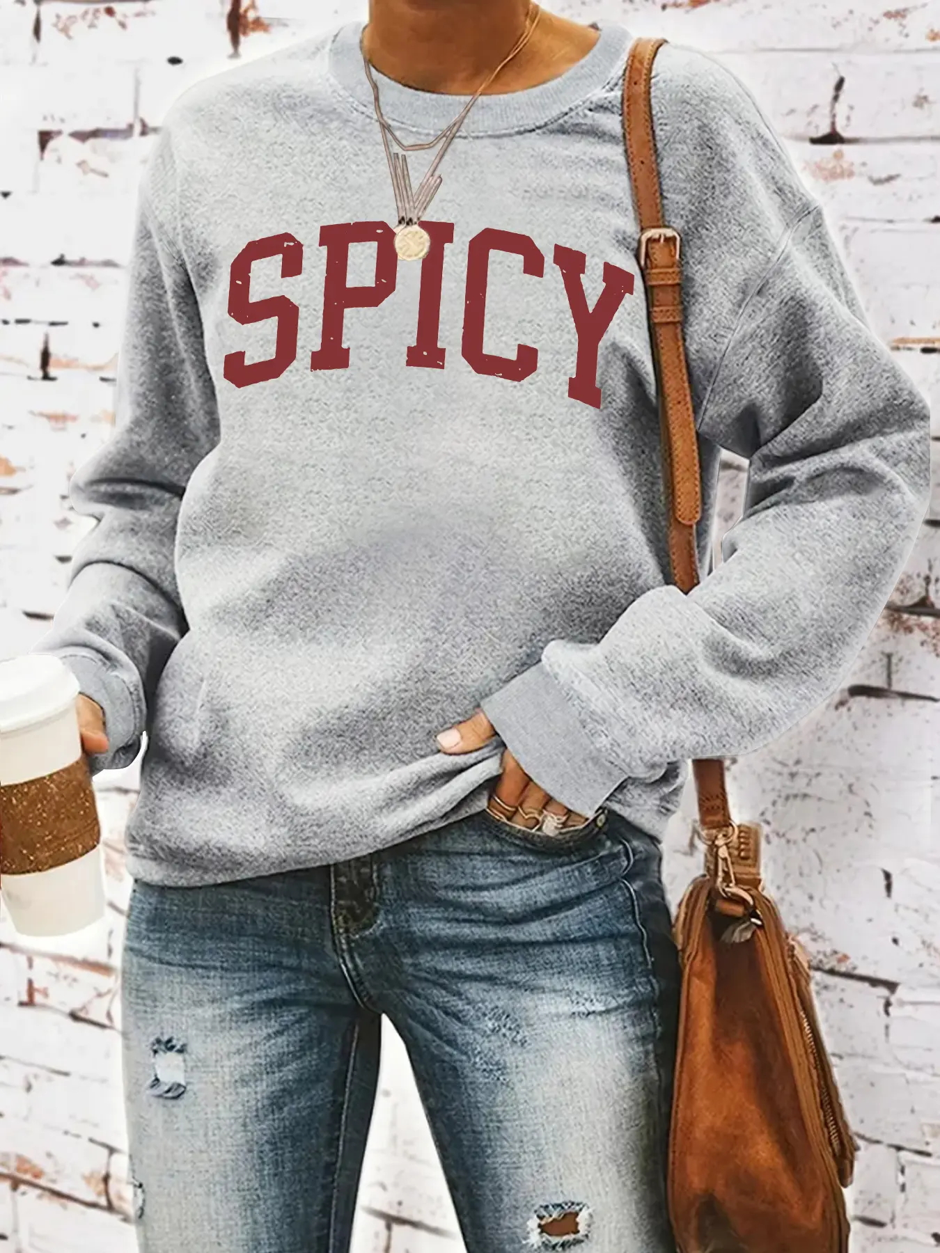 Women's Casual Fitted Spic Pattern Pullover Sweater, Soft Long Sleeve Round Neck Funny Sweatshirt, Comfortable Everyday Daily Wear, Womenswear