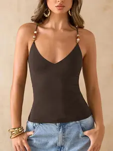 Women's Beaded Spaghetti Strap Tank Top For Ladies, Womenswear Summer Tight Fit Sexy Retro Casual Cami Top, Beach Holiday Sleeveless Top, Fitted Sleeveless Top, halter tops, Basic, Style