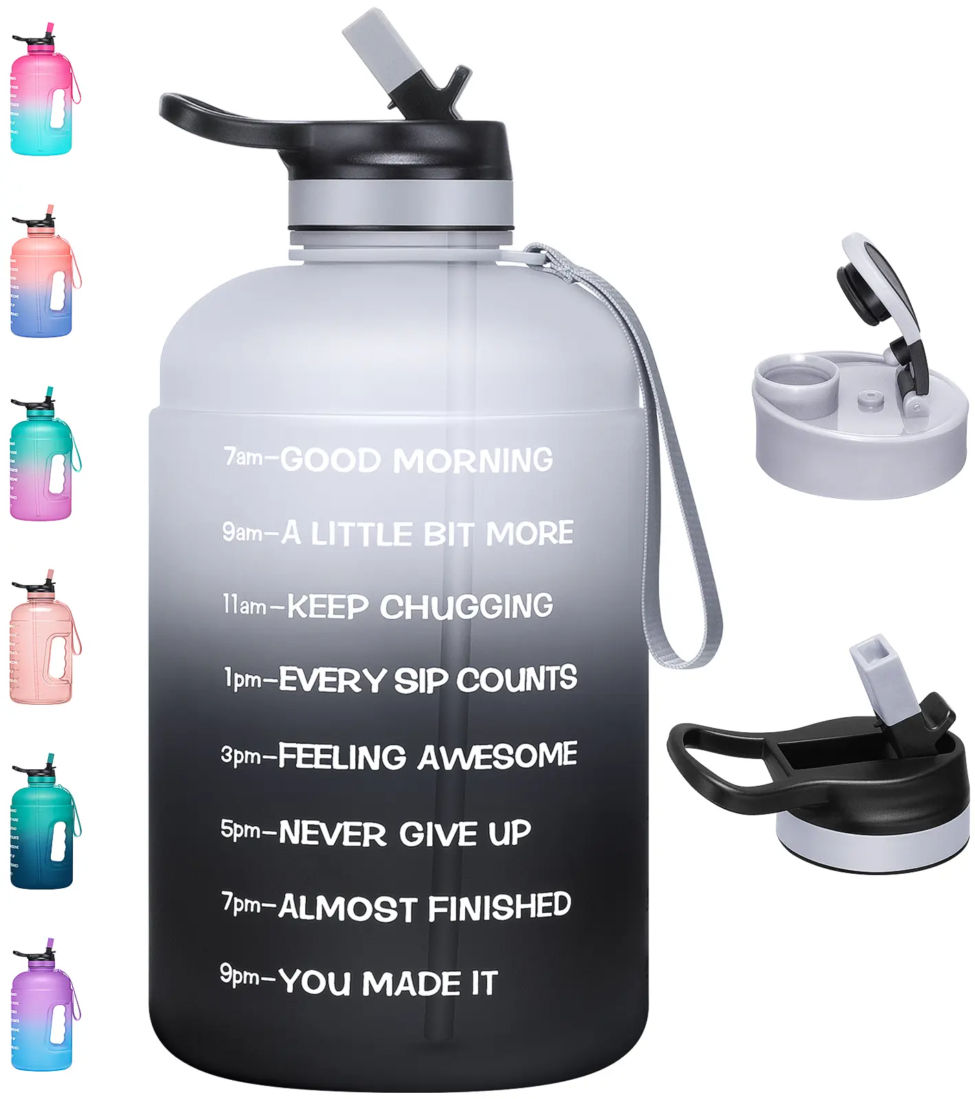 74oz Large Leakproof Reusable Sports Water Bottle - 2 Lids (Chug, Straw), Time Markers, Built-in Handle, Encourages You to Drink Your Water for Workouts, Outdoor Activities