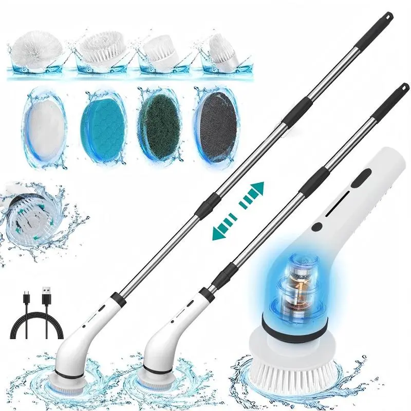 Electric Cordless Spin Scrubber, USB Rechargeable Scrubber with 4 Replaceable Heads, 8-in-1 Upgraded Extension Handle, Full-Body IPX7 Waterproof, 2H Work Time, 2 Speeds for Bathroom Shower Tile Glass, Rechargeable Spin Scrubber Durable Power Scrubber Cord