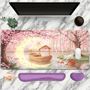 Sakura Cat Garden Pattern Mouse Pad With Wrist Rest Set 4PC Pink Large Gaming Mouse Pads Cute Mouse Pad For Desk XXL Non-Slip Rubber Base Desk Pad Keyboard Mat For Office Home Desktop Protector Decor Mousepad Desk Mat Mousepads Aesthetic Ideal For Women