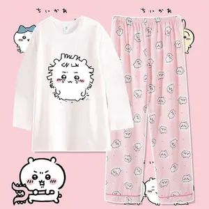 New Chiikawa Hachiware Usagi Kawaii Anime Cartoon 2-Piece Pure Cotton Pajama Set, Stylish Long-Sleeve Loungewear with Trousers, Soft Comfortable Nightwear Pyjamas