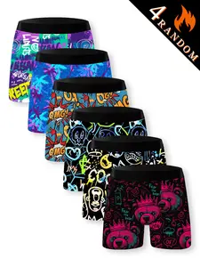 Random Men's Graffiti Print Boxer Brief, Stretchy Boxer Briefs Set, Casual Comfy Breathable Underwear for Daily Wear, Men's Underwear for All Seasons, Breathable Undergarments