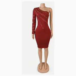 Red One-Shoulder Gold Detail Dress
