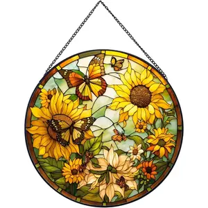 Sunflower Hanging Stained Glass for Windows,3.5" to 12" Hand-Painted Sun Catcher Garden Hangings Christmas Mom Gift , Love Ornaments Festival Present