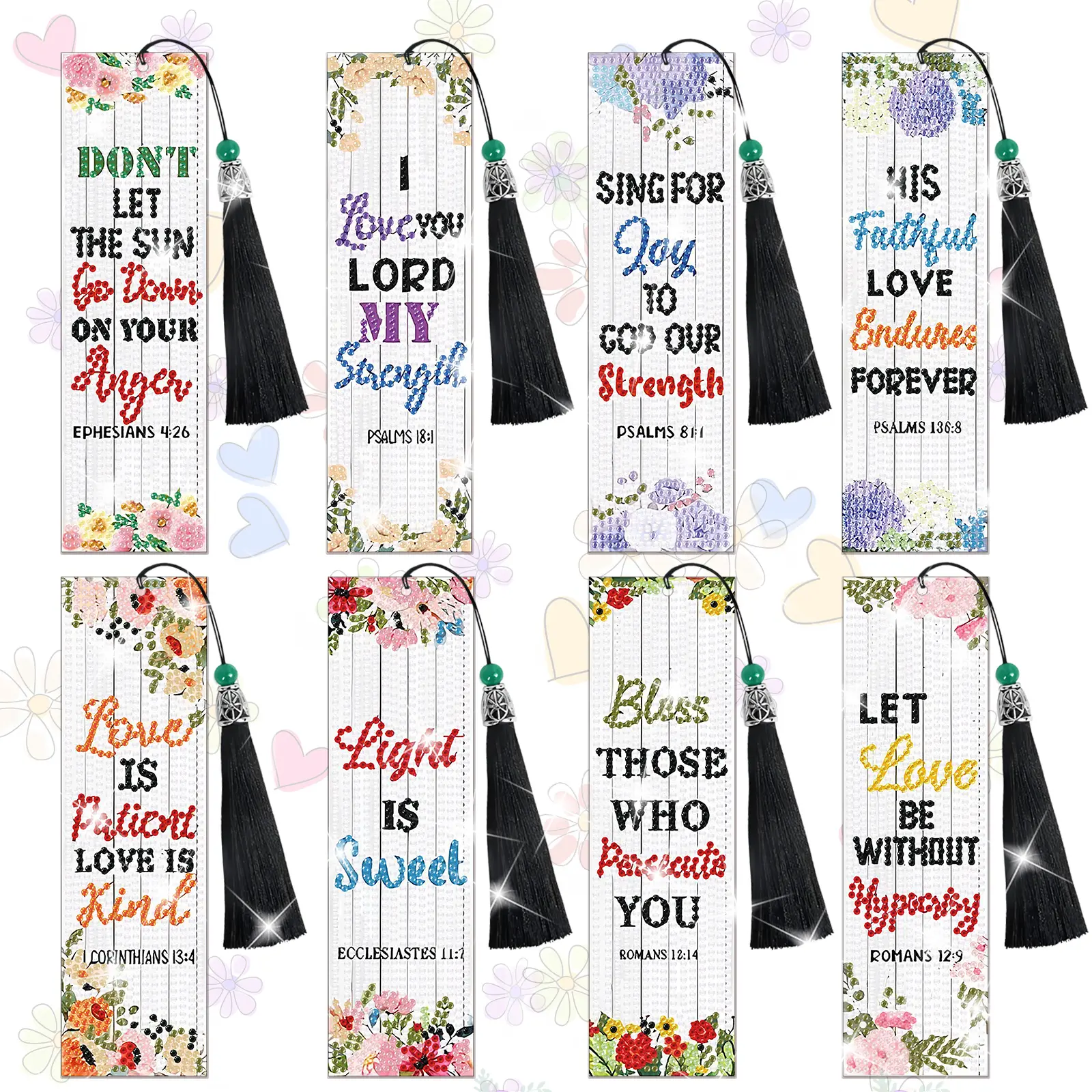 8-piece 5D diamond art bookmark kit, DIY religious, inspirational and motivational quotes diamond painting bookmarks, includes a free hanging ornament, handmade bookmark making kit, comes with a tool kit, suitable for reading enthusiasts.