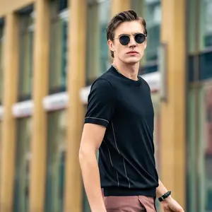 Boveme Men's Ribbed Short-Sleeve Black Round Neck Wool-Blend T-Shirt - Menswear Business Casual Knit Top, Soft, Breathable, High-Quality, Machine-Washable, Shortsleeve, Tshirt