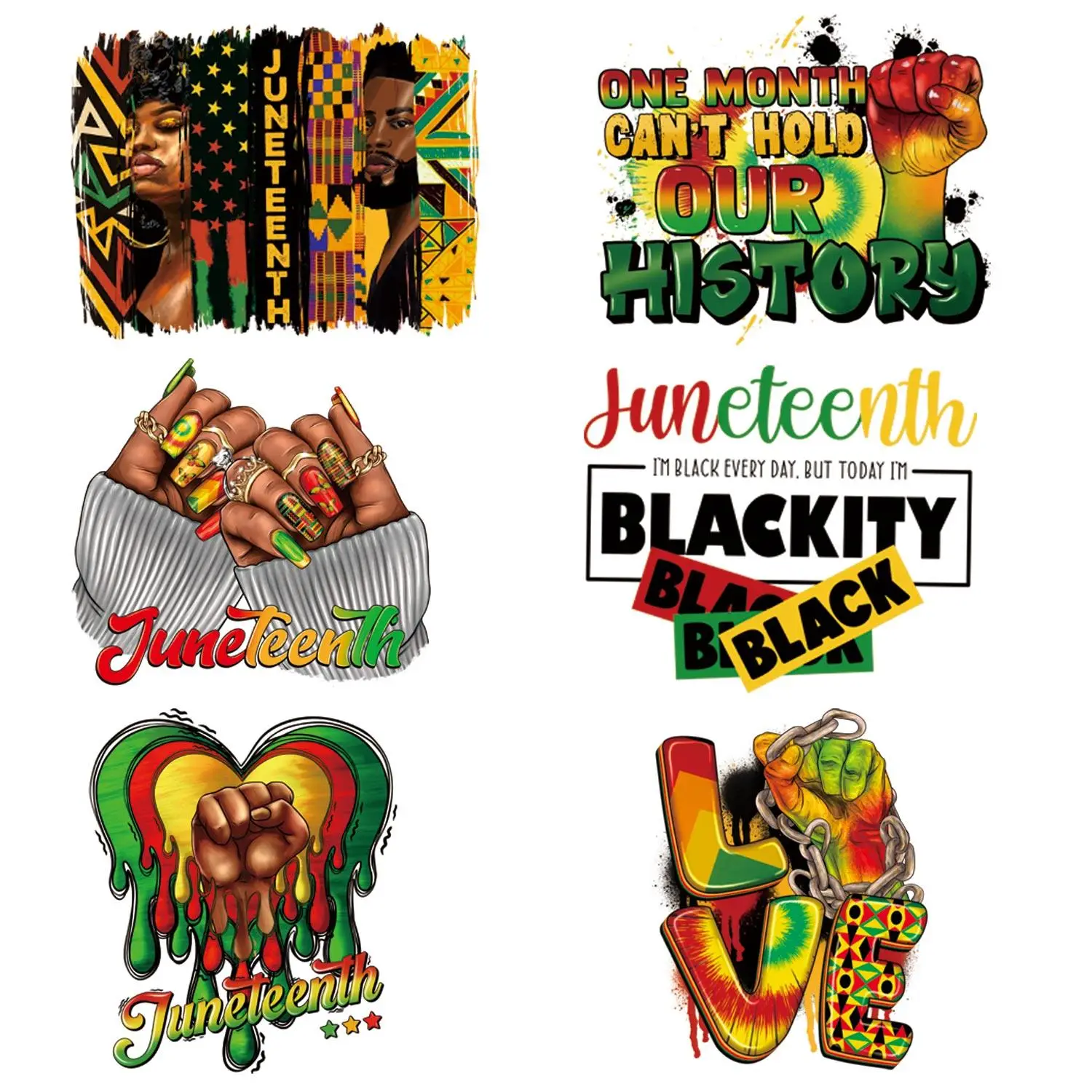 6pcs/set Juneteenth Heat Transfer Sticker DIY Washable Iron on Transfer for Clothing Bag Beautiful Design Patches on Clothes Decoration Appliqued