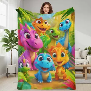 Colorful Cartoon Dinosaur Flannel Blanket  Adorable Jungle Print Pattern  Soft Cozy Warm Lightweight  Perfect for Bedroom Sofa Travel Camping Picnic Gift
