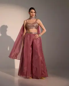 Nyla Rosewood Sharara Set in Georgette Satin with Zari Detailing