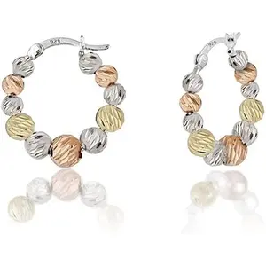925 Solid Sterling Silver 25MM Tri Color Round Beaded Hoop Earrings For Women