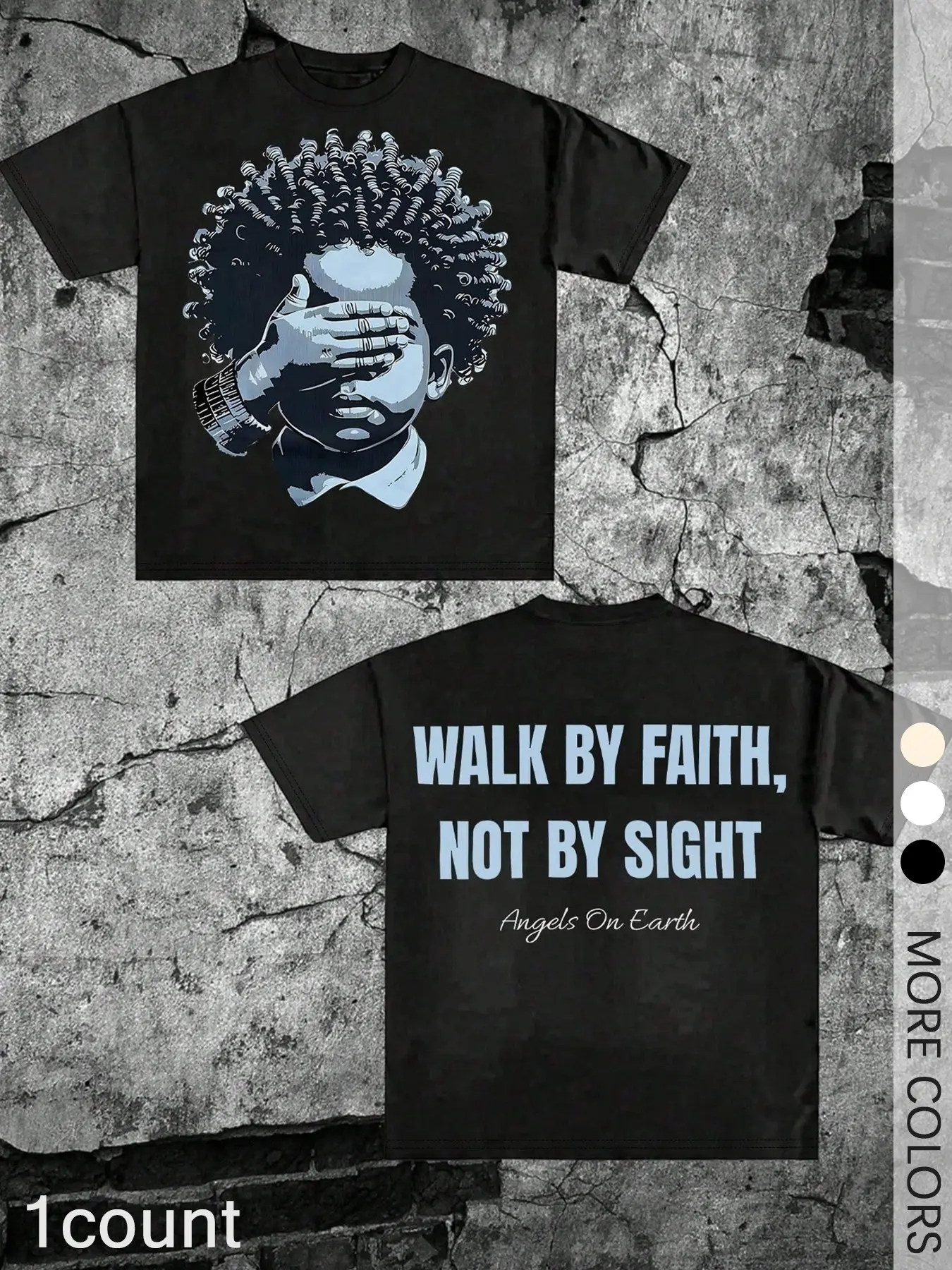 1 Piece Christian Inspirational T-Shirt Fitted Short Sleeves Crewneck With "Walk By Faith" Quote and Angel Child Graphic, Streetwear Style, Menswear, For Men and Women in Daily Casual Wear Long Tops