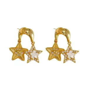HBEHL1015 Double Star Dangle Earrings for Women, Dainty Sparkly CZ Rhinestone Star Shaped Huggie Hoop Earrings,Dainty Sparkly CZ Rhinestone Star Shaped Huggie Hoop Earrings, Celestial Jewelry Gifts for Girls