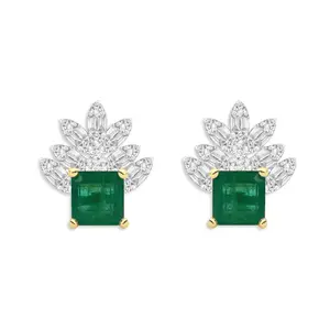 Square Emerald & Marquise-Illusion Diamond Stud Earrings – 18k Two-Tone