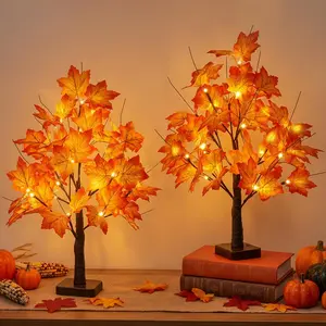 Fall Decorations for Home Lighted Maple Tree, Fall Decor Fall Tree with Lights 24LED Thanksgiving Table Artificial Trees Battery Operated Centerpieces Decoration for Autumn Indoor Room 2Pack