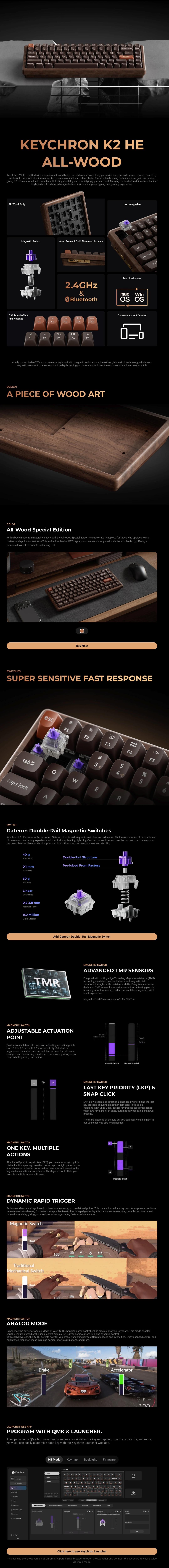 Keychron K2 HE Wireless Magnetic Switch Keyboard | All-Wood Special Edition Natural Walnut Body | Rapid Trigger & 0.1mm Actuation | 75% Layout 84-Keys | Tri-Mode 2.4G/BT/Wired | ZMK Firmware | Hot-Swap Gateron Magnetic Switches | Mac/Win Gaming Keyboard