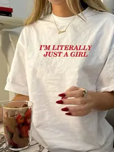 Women's Retro Print T-Shirt - "I'm Just A" Letter Pattern, White Red Font Round Neck Short Sleeve Summer Fitted Casual Top, Machine Washable, Soft Fabric, Fashionable Fun Design, Spring, Casual Comfy Tee