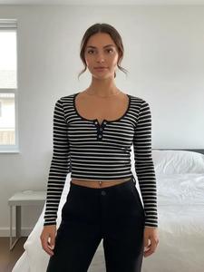 women's striped print button front scoop neck crop tee, casual long sleeve t-shirt for spring & fall, women's top for daily wear