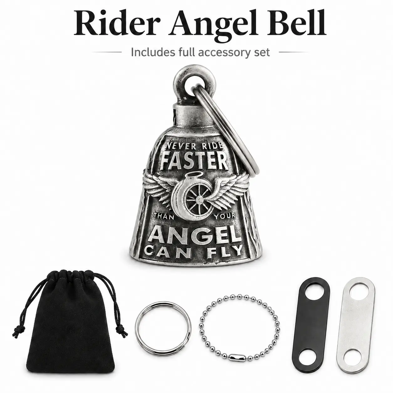 Motorcycle Guardian Bell, Biker Bell Charm with Gift Bag, Angel Wing Lucky Riding Bell for Motorcycle, Keychain, Necklace, Pet Collar, Rider Gift for Men Women