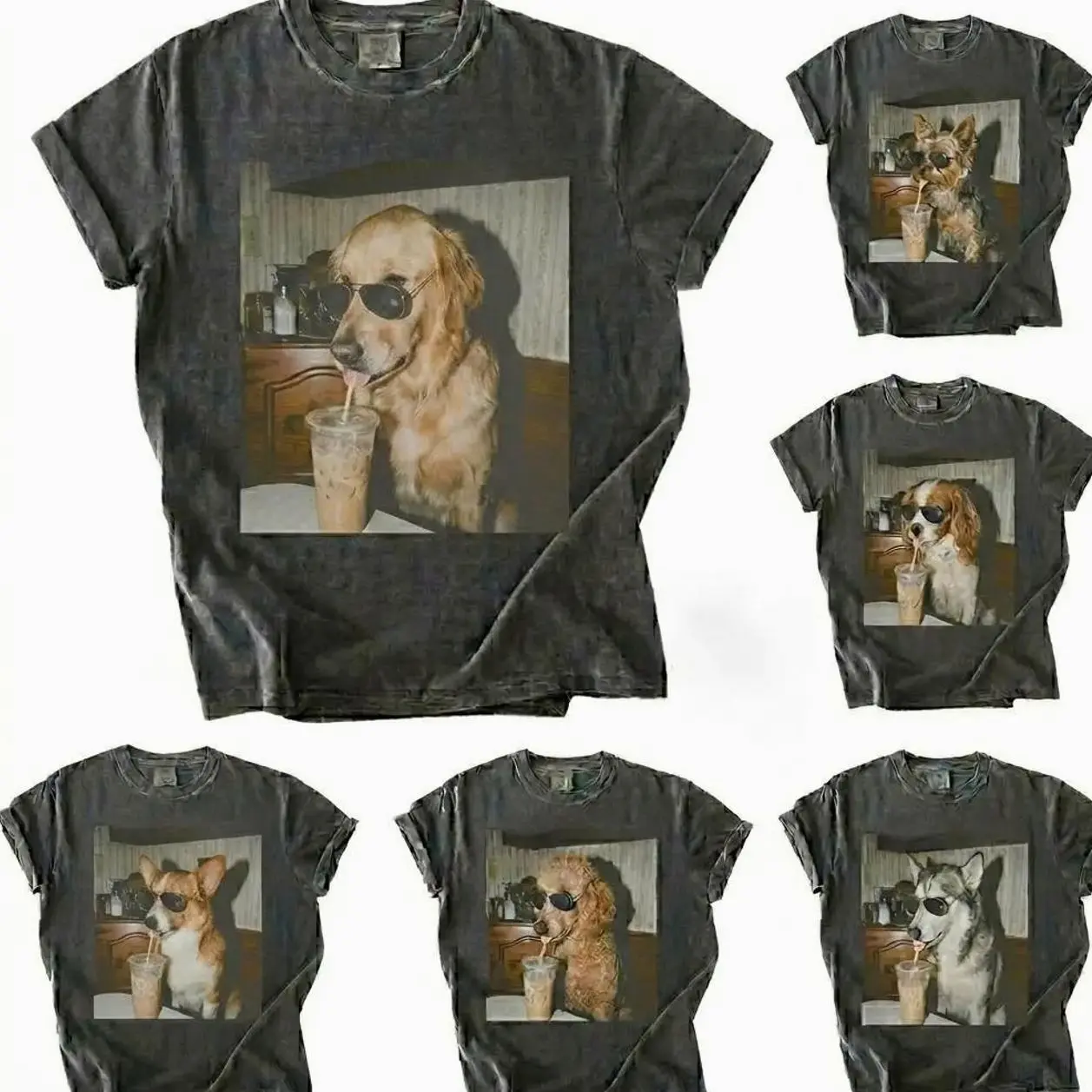 Comfort Colors 50+ Dog Breeds Available Drinking Iced Coffee Shirt, Funny Dog Drinking Iced Coffee Shirt, Vintage 90s Dog Meme Shirt, Custom Dog Breed Available, Edgy Humor Pet Lover Apparel, Casual Streetwear Outfit, Gift for Dog Lovers for Women & Men