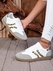 Dn. Monkeys Unisex Leopard Print Training Shoes, Laser Cut Patchwork Design, Casual Low Top PU Leather Eva Sole, All Seasons Comfort