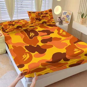 APE Streetwear Style Orange Yellow Camo Fitted Sheet Set, 1 Fitted Sheet + 2 Pillowcases - 3 Piece, Soft Microfiber Deep Pocket  Design All Season, Street Style Bedroom Decoration, Gift for Streetwear Enthusiast