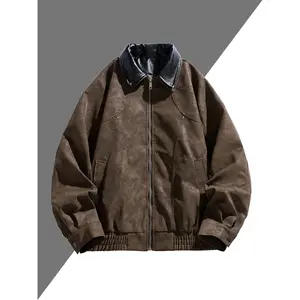 Men's Vintage Work Style Jacket with PU Suede Fabric and Contrasting Leather Collar, Perfect for Casual Outings and Mature Fashion, Fall and Winter Loose Fit Coats