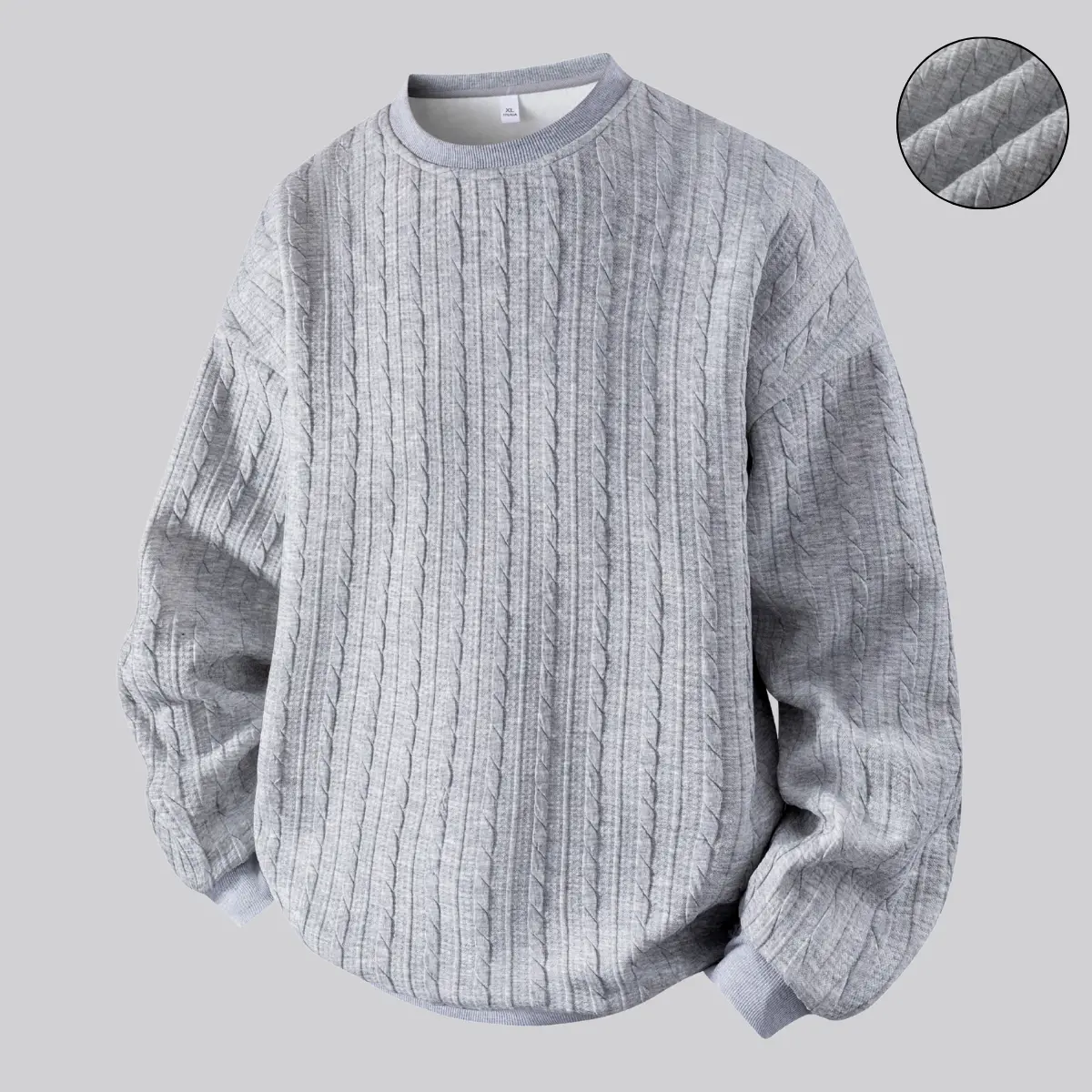 Men's Cozy Cable-Knit Round Neck Long Sleeve Sweatshirt - Relaxed Fit, Side-Striped Knitwear for Everyday Casual, Leisure Hangouts, Longsleeves, Cozy Knit, Elastane, Polyester, Side Stripes, Textured Knit Look