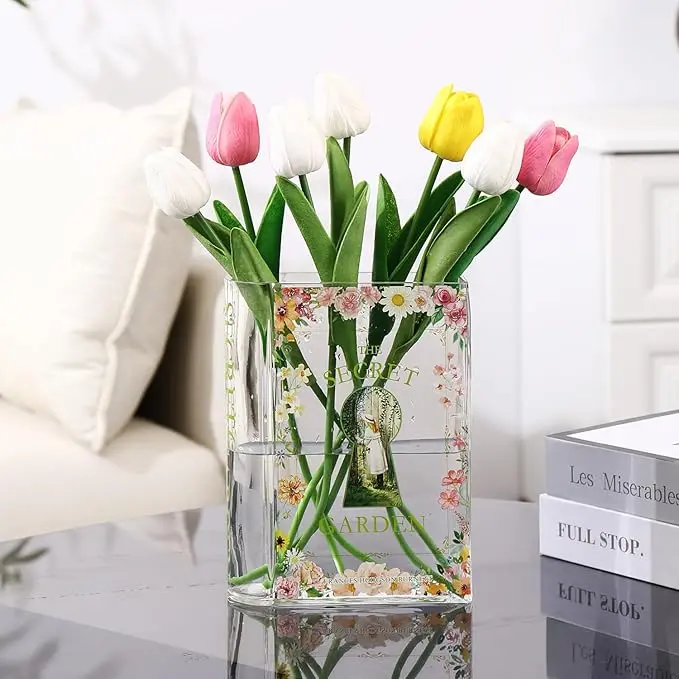 Book Vase for Flowers, Glass Book Shaped Vase, Clear Flower, Book Glass Vases for Bedroom, Living Room, Office, Bookshelf, Coffee Table