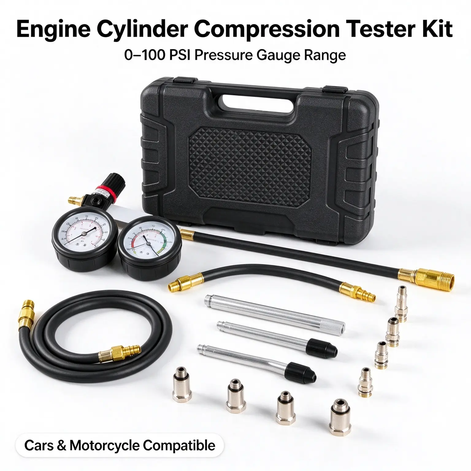Engine Cylinder Compression Leak Down Tester Kit, 0-100 PSI Pressure Gauge, 4 Adapters, 2 Metal Tubes for Cars & Motorcycles