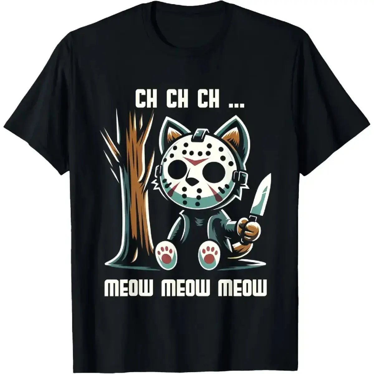 Unhinged Meme Spooky Killer Cat Graphic T-Shirt, Funny Horror Parody Unisex Cotton Top
