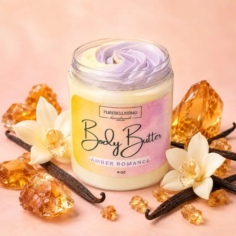 PureBellissimo Body Butter Amber Romance 9 oz - Luxurious Moisturizing Body Care with Vanilla & Amber Fragrance