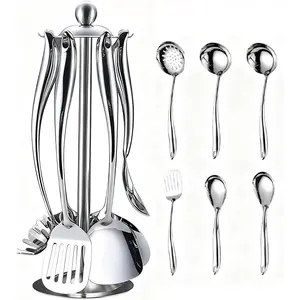 7- Stainless Steel Kitchen Utensil Set with Rotating Holder, Kitchen Cooking Tools Including Spatula, Ladle, Turner, Skimmer, Pasta Server & Large Spoon