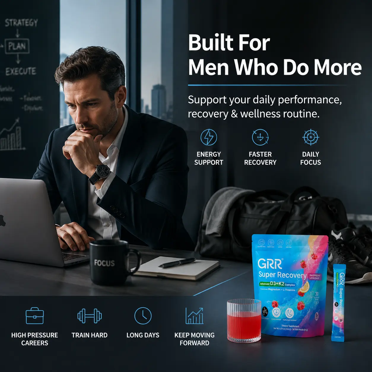 GRR Super Recovery for Men | Daily Performance & Recovery Formula with Vitamin D3 K2, Magnesium Glycinate & L-Theanine | Energy, Focus & Wellness Support | 30 Stick Packs