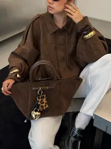 Women's Casual Faux Suede Long Sleeve Button Front Coat, Spring & Fall Military Short Jacket with Pockets, Loose Fit Outerwear