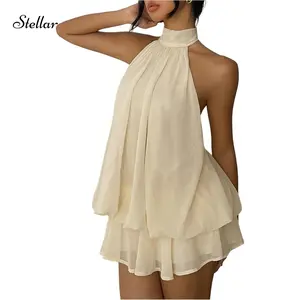 Women's Chiffon Halter Drop Waist Holiday Wedding Guest Dresses Ruffle Mini Dress Brunch Outfits