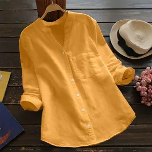 Women new retro cotton linen shirt loose solid color casual shirt
