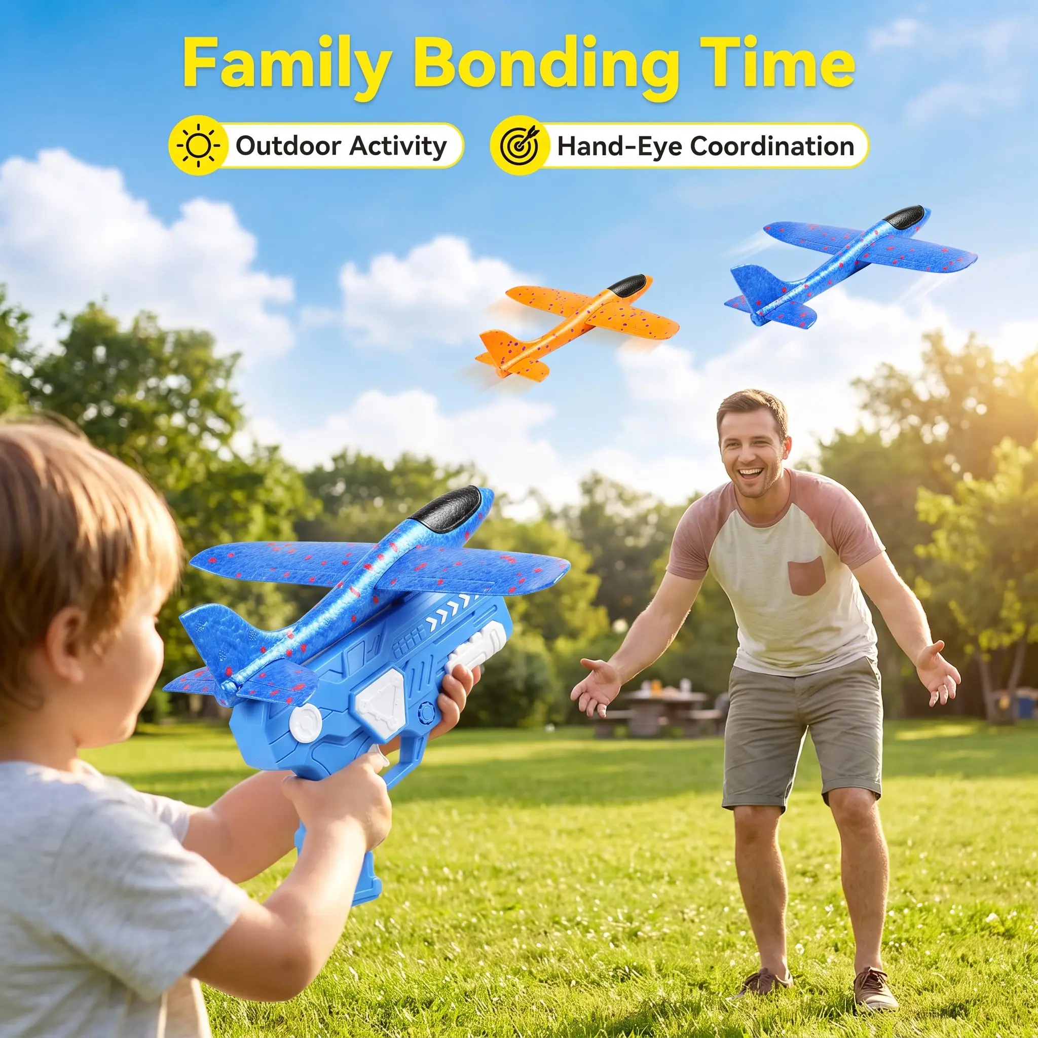 Blue Foam Glider Airplane Launcher Toy - Compact Size Mechanical Outdoor Flying Toy, Crash-Resistant, Long Flight Distance, Boys' Birthday Gift for Kids Ages 4-12, Encourages Screen-Free Time, Builds Confidence, Mastery & Hand-Eye Coordination