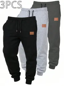 Men's 3-Piece Jogger Pants Set, Elastic Waist & Drawstring, Polyester Sportswear, Printed Design, Side Pockets, All-Season Comfort