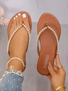Women's Fashionable Plain Color Beaded Decorated Slides, Casual Comfortable Flat Sandals for Beach Vacation, All-match Commuter Shoes for Daily Wear, Summer