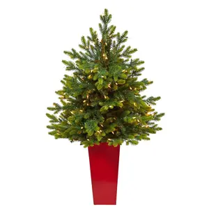 44” North Carolina Fir Artificial Christmas Tree with 150 Clear Lights and 563 Bendable Branches in Red Tower Planter
