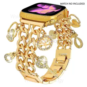 Fashion Women's Watch Strap Suitable for Apple Watch Strap 38mm 40mm 41mm 42mm (S11/10) 42mm 44mm 45mm 46mm 49mm Adjustable Unique Charm Metal Strap Cowboy Chain Bracelet iWatch Series 11/10/9/8/7/6/5/4/3/2/1/SE3 Love Pendant Strap Smart Watch Accessories