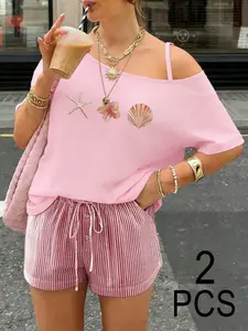 Women's Two-Piece Set Casual Shell Starfish Flower Pattern Sleeveless Top & Short Pants, Comfortable Beach Vacation, Multiple Colors Available