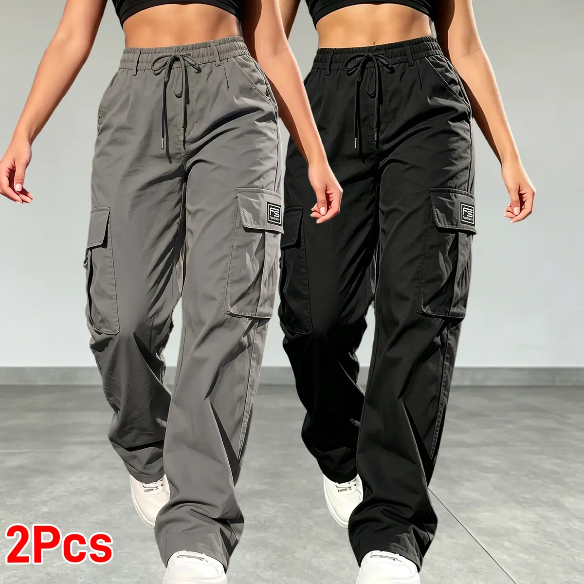 2PCS women’s cargo pants: casual, elastic waist, Bohemian minimalist basic women’s pants with pockets; suitable for summer outfits, vacations, and beachwear; sporty casual style; comfortable loose fit; casual drawstring high-waist pants; loose and comfort