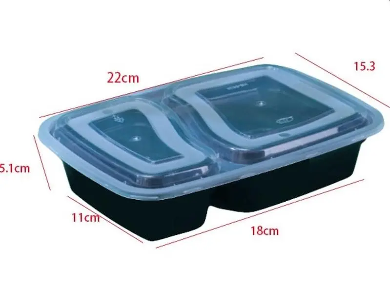 Disposable 2 Grid Plastic Lunch Boxes, Black To Go Food Containers with Transparent Lid