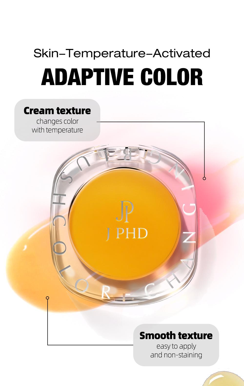 J-PHD Color-changing blush, a magical color-changing powder blush cream that can be used on cheeks, eyes, and lips. It provides long-lasting hydration, brightens skin tone, and has a high-shine yellow cream texture.
