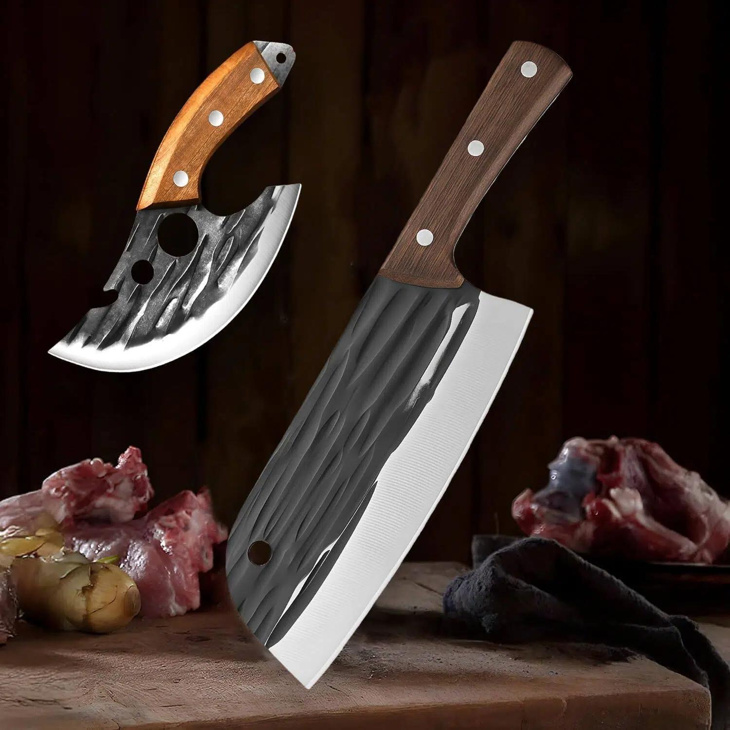 2PCS Outdoor BBQ Butcher Knife Set, Sharp Lightweight Cleaver & Viking Knife , Full Tang Ergonomic Handle for Camping, Picnic, Home Cooking & Meat Cutting Super Combo Sakimaru Slicer Chef Knife Salmon