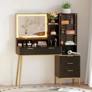 Modern Vanity Desk with Lights & Power Outlet, 5-Drawer Makeup Table with HD Mirror, Solid Wood Legs, for Bedroom,for Bedroom, Women & Girls Gift