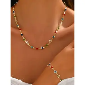 Women's Elegant Colorful Artificial Zircon Decorated Necklace & Bracelet, Fashion for Party, Daily Clothing Decor, Trendy All-match & Exquisite for Birthday Gift, Fashionable Set