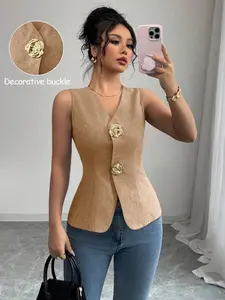 Women's V-Neck Fitted Vest With Gold Rose Button Decor, Elegant Outerwear Top For Fall